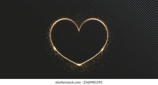 Heart gold with flashes isolated on transparent background. Light heart for holiday cards, banners, invitations. Heart-shaped neon wire glow.