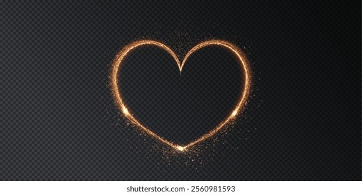 Heart gold with flashes isolated on transparent background. Light heart for holiday cards, banners, invitations. Heart-shaped neon wire glow.