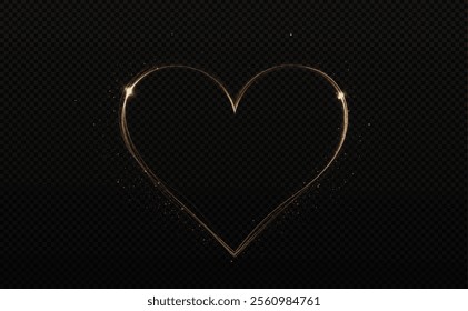 Heart gold with flashes isolated on transparent background. Light heart for holiday cards, banners, invitations. Heart-shaped neon wire glow.