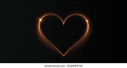 Heart gold with flashes isolated on transparent background. Light heart for holiday cards, banners, invitations. Heart-shaped neon wire glow.