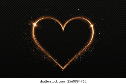 Heart gold with flashes isolated on transparent background. Light heart for holiday cards, banners, invitations. Heart-shaped neon wire glow.