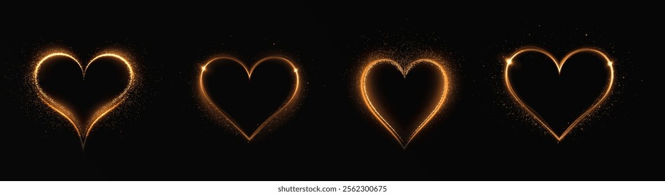 Heart gold with flashes isolated on transparent background. Light heart for holiday cards, banners, invitations. Heart-shaped neon wire glow.	
