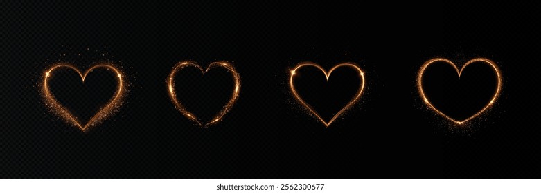 Heart gold with flashes isolated on transparent background. Light heart for holiday cards, banners, invitations. Heart-shaped neon wire glow.	
