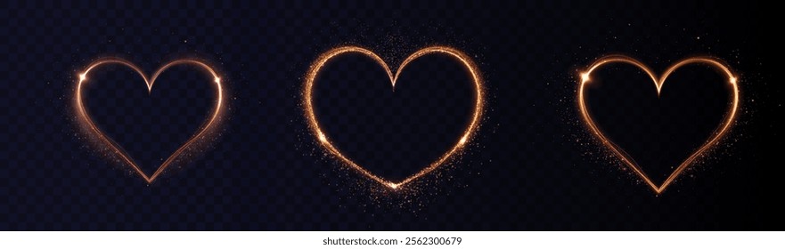 Heart gold with flashes isolated on transparent background. Light heart for holiday cards, banners, invitations. Heart-shaped neon wire glow.	
