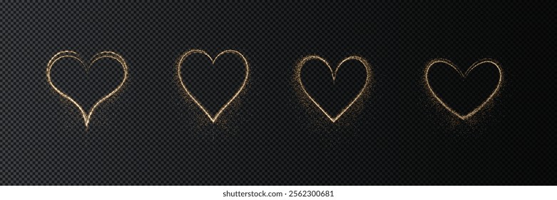 Heart gold with flashes isolated on transparent background. Light heart for holiday cards, banners, invitations. Heart-shaped neon wire glow.	
