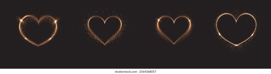 Heart gold with flashes isolated on transparent background. Light heart for holiday cards, banners, invitations. Heart-shaped neon wire glow.