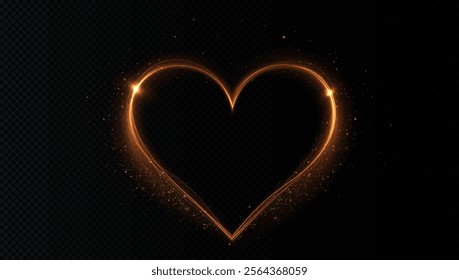 Heart gold with flashes isolated on transparent background. Light heart for holiday cards, banners, invitations. Heart-shaped neon wire glow.