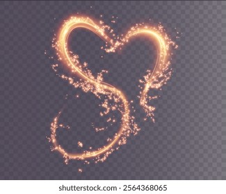 Heart gold with flashes isolated on transparent background. Light heart for holiday cards, banners, invitations. Heart-shaped neon wire glow.