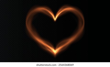 Heart gold with flashes isolated on transparent background. Light heart for holiday cards, banners, invitations. Heart-shaped neon wire glow.