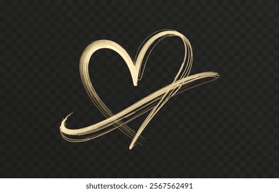 Heart gold with flashes isolated on transparent background. Light heart for holiday cards, banners, invitations. Heart-shaped gold wire glow. PNG image