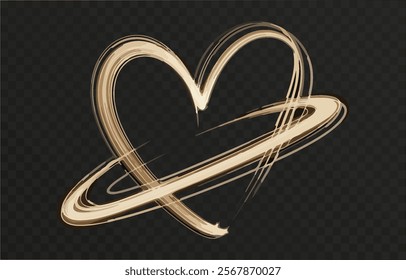 Heart gold with flashes isolated on transparent background. Light heart for holiday cards, banners, invitations. Heart-shaped gold wire glow. PNG image