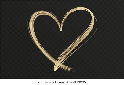 Heart gold with flashes isolated on transparent background. Light heart for holiday cards, banners, invitations. Heart-shaped gold wire glow. PNG image