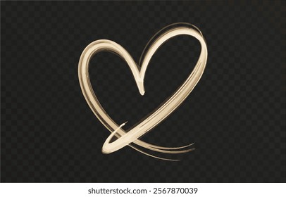 Heart gold with flashes isolated on transparent background. Light heart for holiday cards, banners, invitations. Heart-shaped gold wire glow. PNG image