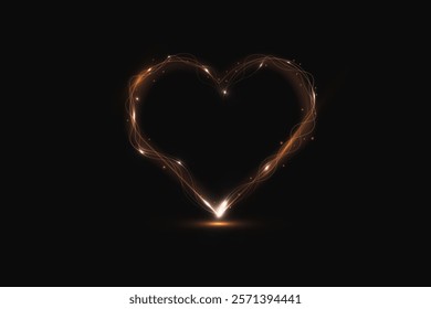 Heart gold with flashes isolated on transparent background. Light heart for holiday cards, banners, invitations. Heart-shaped gold wire glow. PNG image