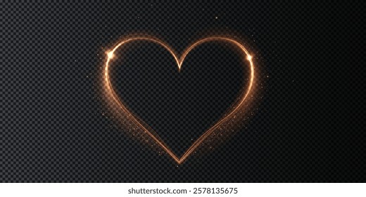 Heart gold with flashes isolated on transparent background. Light heart for holiday cards, banners, invitations. Heart-shaped neon wire glow.	
