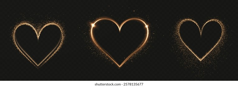 Heart gold with flashes isolated on transparent background. Light heart for holiday cards, banners, invitations. Heart-shaped neon wire glow.	
