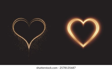 Heart gold with flashes isolated on transparent background. Light heart for holiday cards, banners, invitations. Heart-shaped neon wire glow.	
