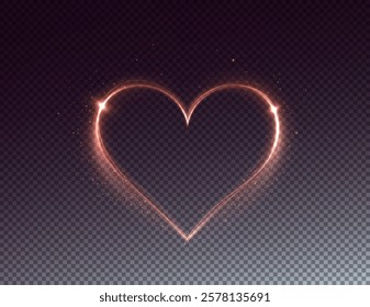 Heart gold with flashes isolated on transparent background. Light heart for holiday cards, banners, invitations. Heart-shaped neon wire glow.	
