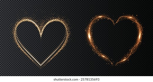 Heart gold with flashes isolated on transparent background. Light heart for holiday cards, banners, invitations. Heart-shaped neon wire glow.	
