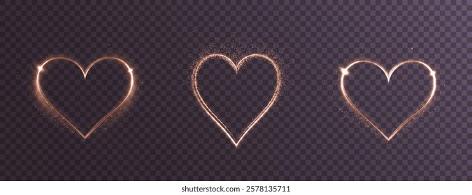 Heart gold with flashes isolated on transparent background. Light heart for holiday cards, banners, invitations. Heart-shaped neon wire glow.	
