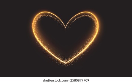 Heart gold with flashes isolated on transparent background. Light heart for holiday cards, banners, invitations. Heart-shaped neon wire glow.