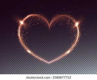 Heart gold with flashes isolated on transparent background. Light heart for holiday cards, banners, invitations. Heart-shaped neon wire glow.