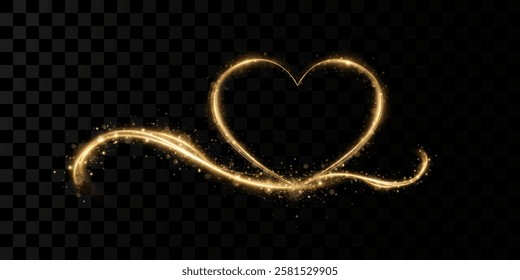 Heart gold with flashes isolated on transparent background. Light heart for holiday cards, banners, invitations.