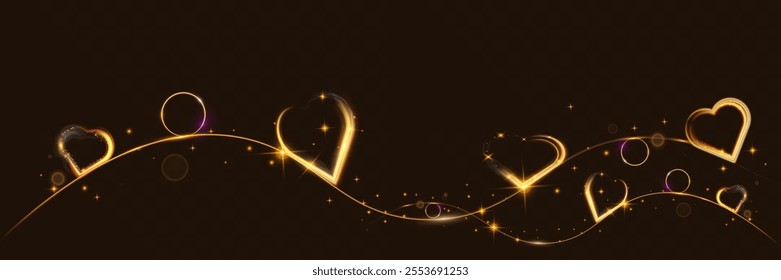 Heart gold with glowing wire effect, isolated on transparent background. Perfect for holiday designs, invitations, or banners.	