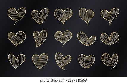 Línea dorada del corazón. Elemento de diseño lineal. Conjunto vectorial de colección de decoración de lujo.
