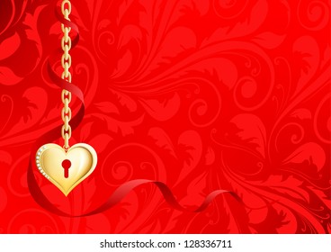 a heart of gold on a red background with a pattern