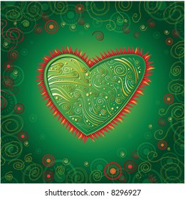 heart with gold ornaments on green background