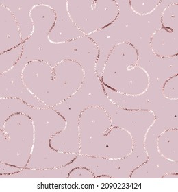 Heart gold seamless pattern. Pink glam marble background. Repeating rose gold hearts. Elegant printing. Repetition glitter patern for design love prints. Delicate printed. Beauty foil texture. Vector 