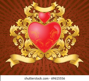 heart of gold with vintage ornaments and ribbon