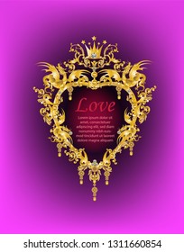 Heart Golden frame with dragons and vintage Victorian metal Leaves 