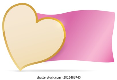 Heart with golden frame over a waving pink ribbon over white background.