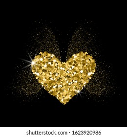 Heart golden glitter icon with glitter glow butterfly wings. Black background. For Valentine's day, wedding cards, invitation, fashion, ornaments, luxury design elements. Vector illustration