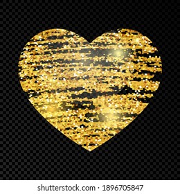 Heart with golden glittering scribble paint on dark transparent background. Background with gold sparkles and glitter effect. Empty space for your text. Vector illustration