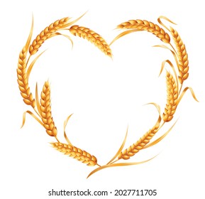 Heart of golden wheat ears. Vector illustration isolated on white background.