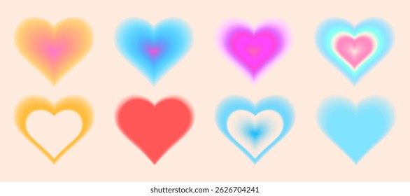 Heart gradient shapes in y2k style - colorful dreamy pastel blurred love sign. Hazy fuzzy neon Valentine day symbols in nostalgic retro 90s vibe. Smooth diffused edges, tender romantic design elements