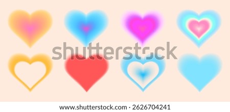 Heart gradient shapes in y2k style - colorful dreamy pastel blurred love sign. Hazy fuzzy neon Valentine day symbols in nostalgic retro 90s vibe. Smooth diffused edges, tender romantic design elements