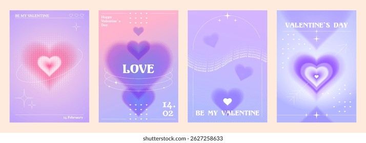 Coração gradiente y2k cartões de Dia dos Namorados - fundo neon turvo sonhador com texto de amor e símbolos. Cor de gradiente rosa pastel nebuloso e roxo com texturas brilhantes. Tender nostálgico 90s estilo vibe