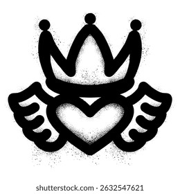 Heart graffiti with wings and crown hand drawn in black spray paint
