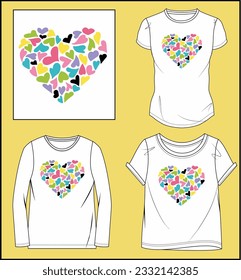 HEART GRAPHIC DESIGN WITH VARIOUS MOCK UP GIRLS WOMEN SHORT SLEEVE T SHIRT, FULL SLEEVE T SHIRT TYPES VECTOR ILLUSTRATION