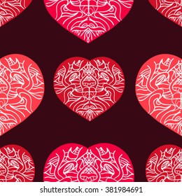 heart with a graphic pattern. Ornate vector heart in Victorian style. Elegant element for logo design. Lace floral illustration for wedding invitations, greeting cards, pink decor in shape of heart.