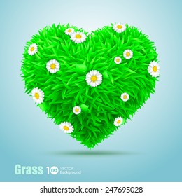 Heart of grass with flowers daisies. Vector Eps 10.