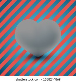 The heart of a gray three-dimensional form on the background with stripes. Valentine's day card with space for text. Romantic illustration for Valentine's day.