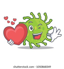 With heart green bacteria mascot cartoon