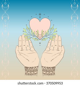 Heart and green branches in their hands with mehendi patterns on pink-blue background