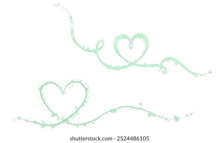 Heart green with flashes isolated on white background. Light heart for holiday cards, banners, invitations. Heart-shaped gold wire glow. PNG image