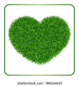 Heart green grass background. Field template, isolated on white. Plant texture. Valentines day design for card, banner, print etc. Meadow symbol of love, nature, happy. Vector Illustration.